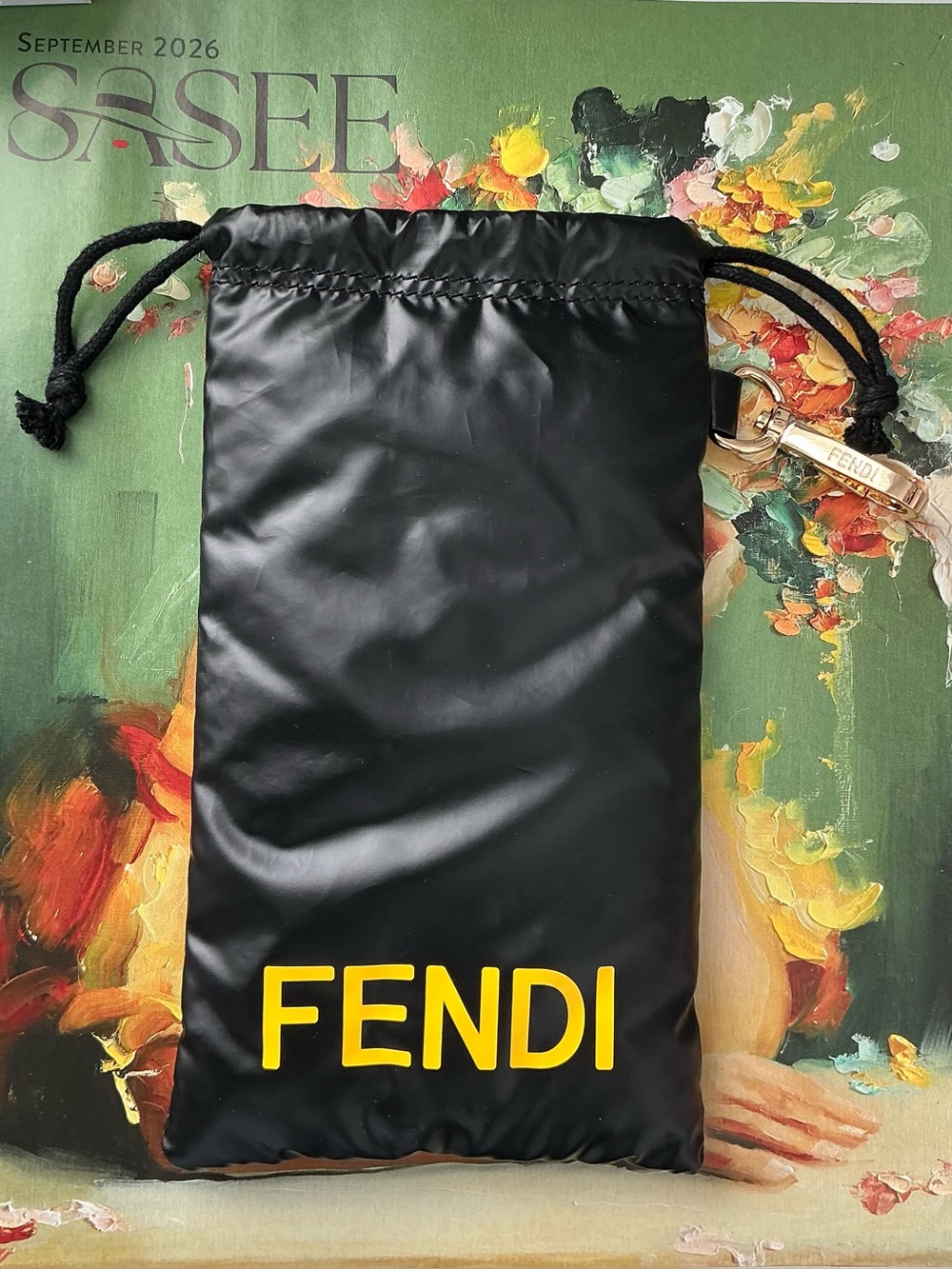 Fendi Black Drawstring Pouch with Yellow Logo and Gold Hardware